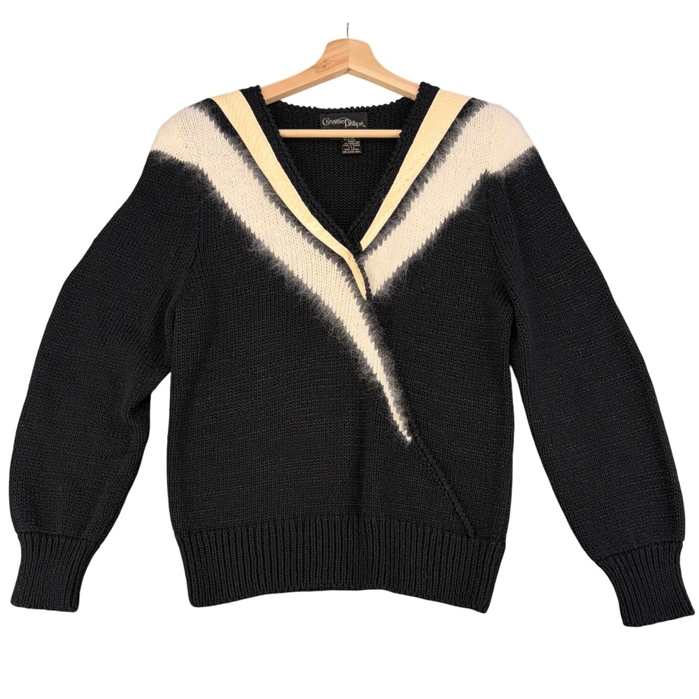 Christine Phillipe Vintage Angora Blend Hand Loomed Wrap V-Neck Sweater Black M
